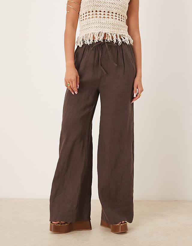 Asos Gina Tricot Wide Leg Linen Trousers In Brown
