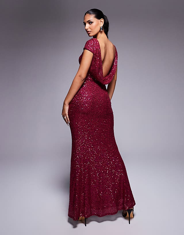 Asos Goddiva Cowl Back Sequin Maxi In Burgundy