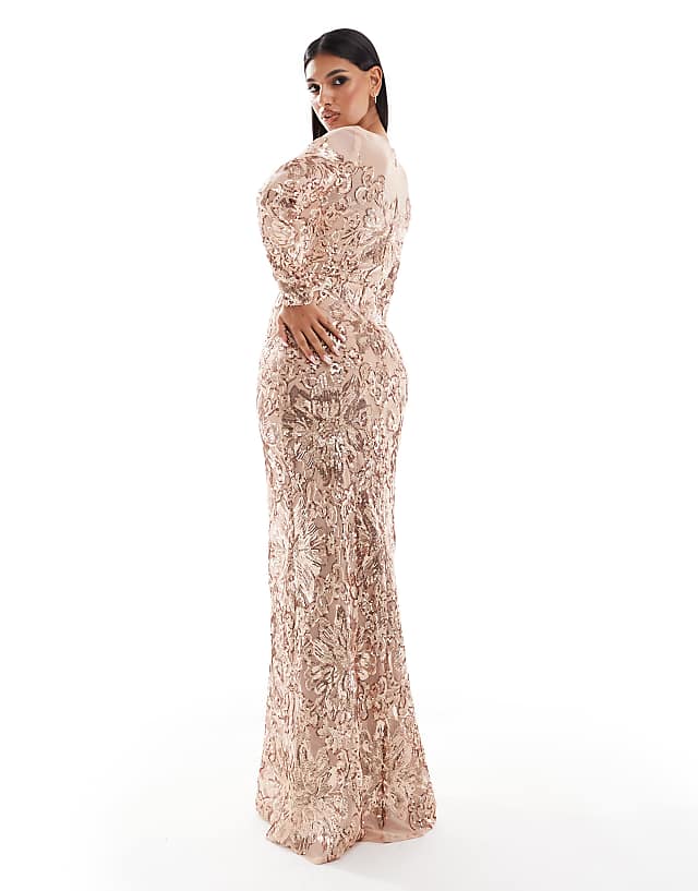 Asos Goddiva Floral Sequin Mesh Maxi In Champagne