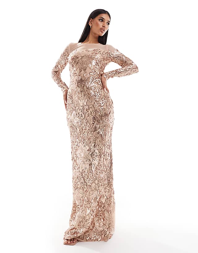 asos Goddiva Floral sequin mesh maxi in champagne