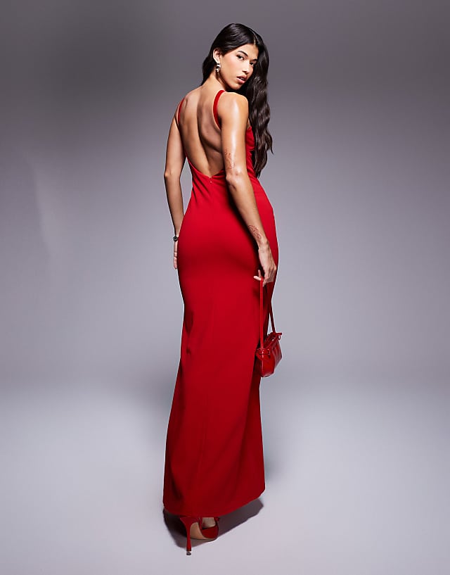 Asos Goddiva Racer Neck Corsage Scuba Maxi In Red