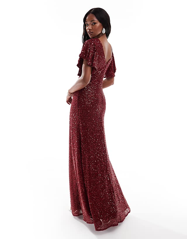 Asos Goddiva Sequin Flutter Sleeve Maxi In Wine