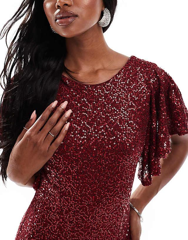 Asos Goddiva Sequin Flutter Sleeve Maxi In Wine