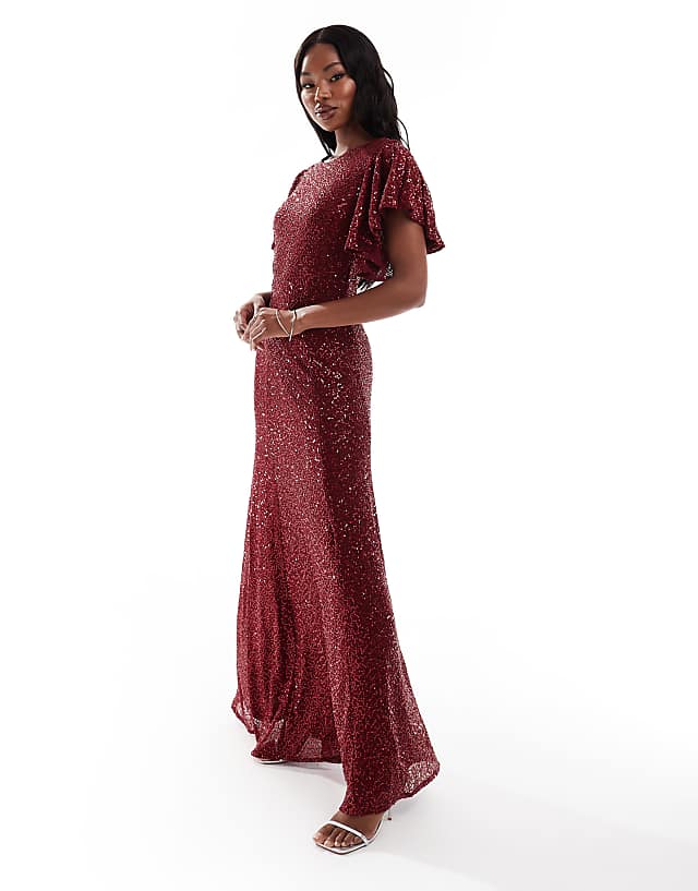 Asos Goddiva Sequin Flutter Sleeve Maxi In Wine