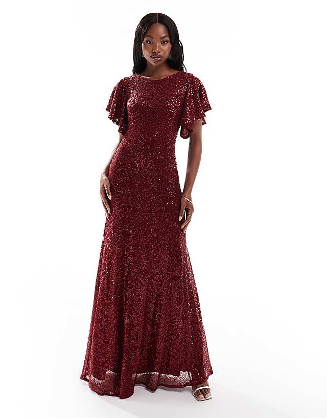 asos Goddiva Sequin flutter sleeve maxi in wine