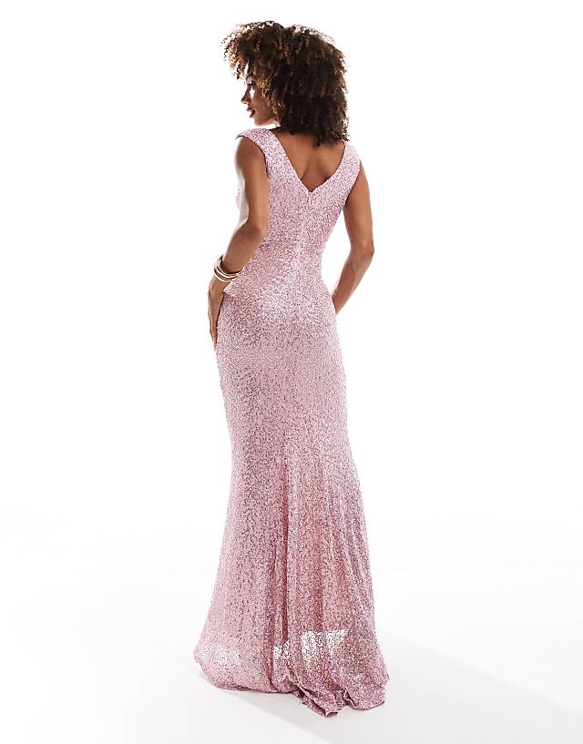 Asos Goddiva Twisted Front Sequin Maxi In Pink