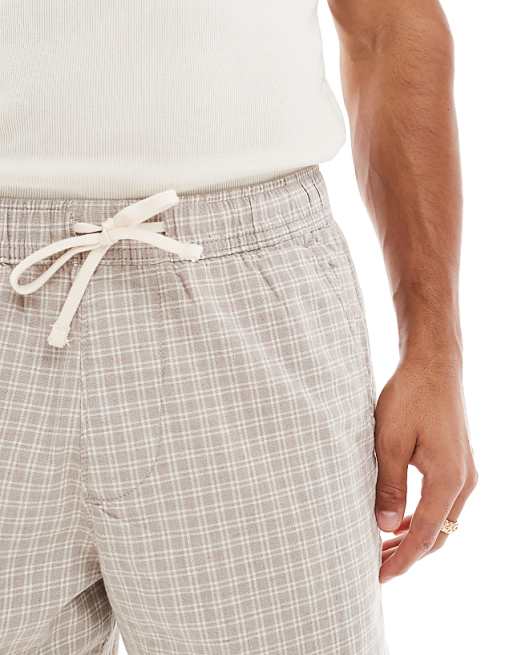 Asos Hollister Linen Pull On Check Short In Brown
