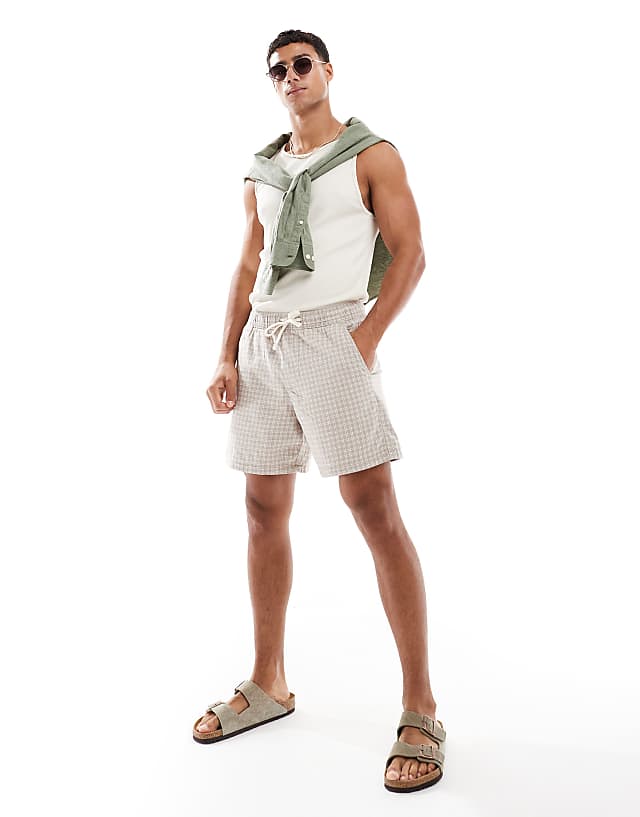 asos Hollister linen pull on check short in brown