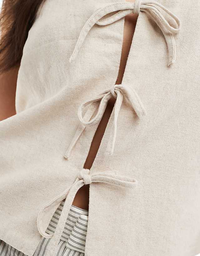 Asos Hollister Tie Front Linen Top In Oatmeal
