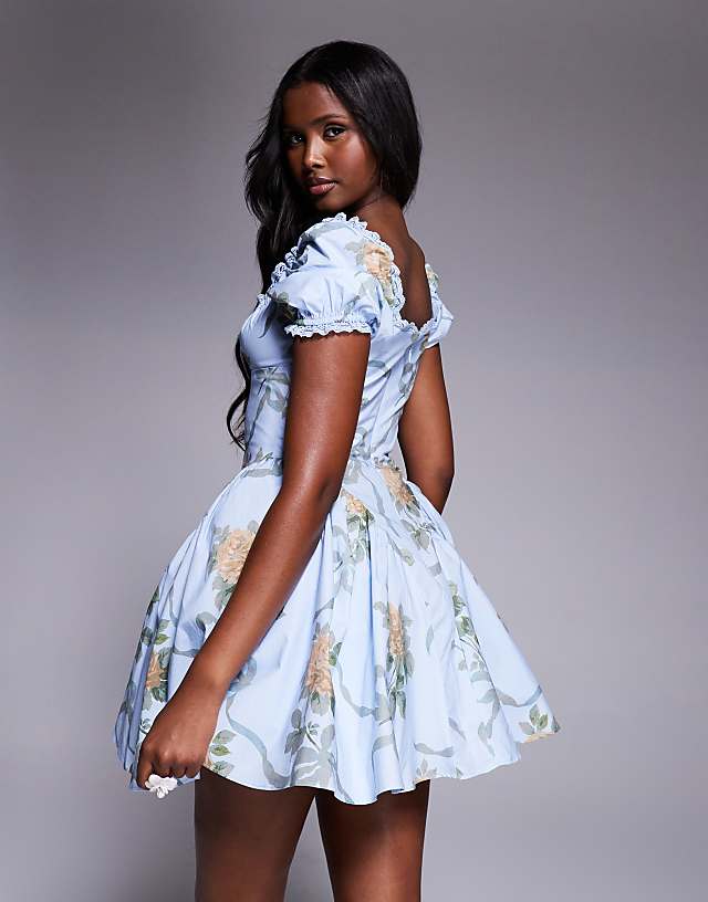 Asos House Of CB Rosie Cotton Mini Dress In Blue