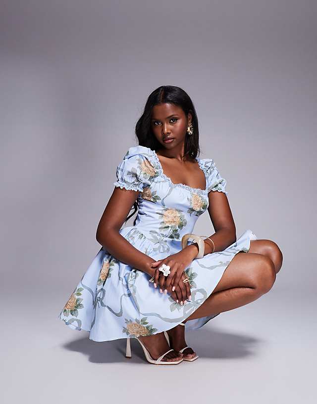 asos House of CB Rosie cotton mini dress in blue