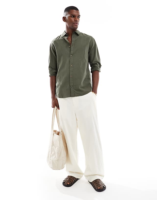 Asos Jack & Jones Linen Shirt In Khaki