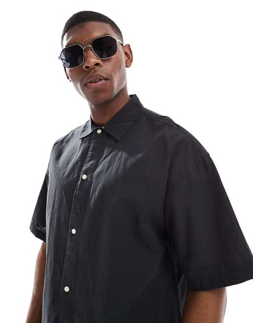Asos Jack & Jones Oversized Linen Mix Shirt In Black