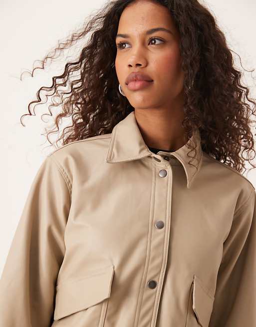 Asos JDY Faux Leather Jacket With Collar In Beige