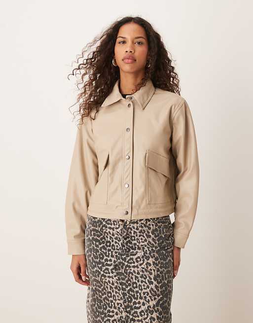 asos JDY faux leather jacket with collar in beige