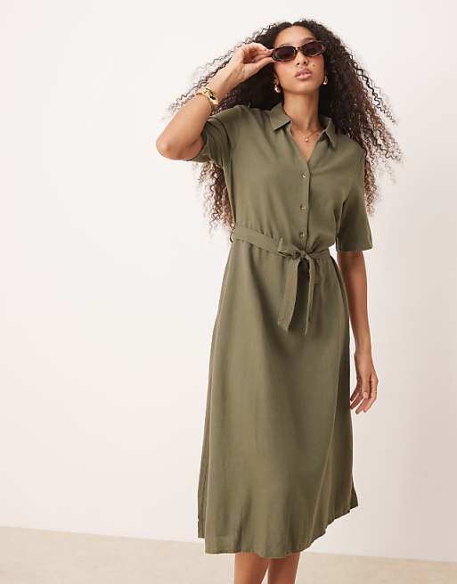 Asos JDY Linen Mix Midi Shirt Dress In Khaki