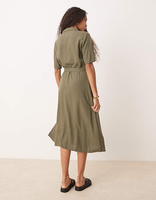 Asos JDY Linen Mix Midi Shirt Dress In Khaki