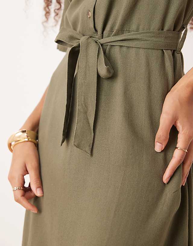 Asos JDY Linen Mix Midi Shirt Dress In Khaki