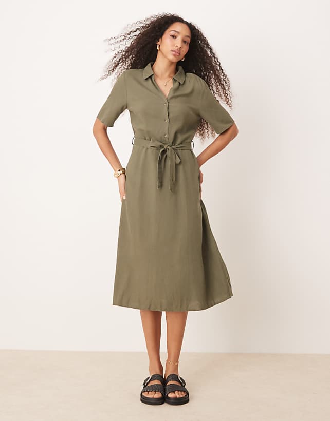asos JDY linen mix midi shirt dress in khaki