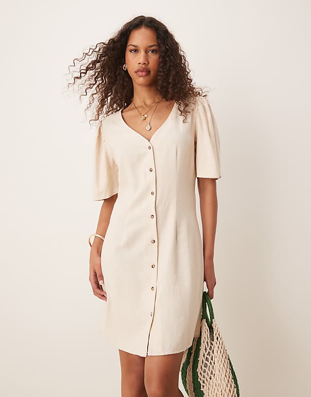 asos JDY linen mix mini shirt dress in beige