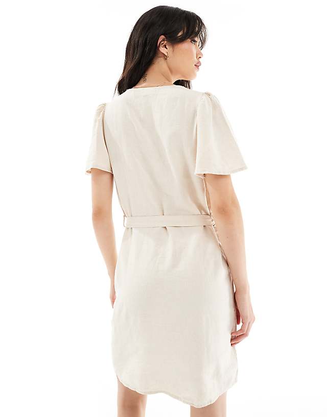 Asos JDY Linen Mix Tie Detail Dress In Oatmeal