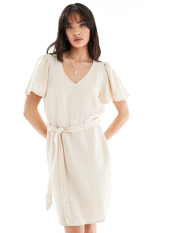 Asos JDY Linen Mix Tie Detail Dress In Oatmeal