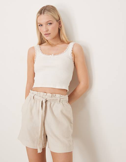 Asos JDY Linen Mix Tie Waist Shorts In Cream