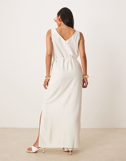 Asos JDY Petite Linen Mix Tie Maxi Dress In White