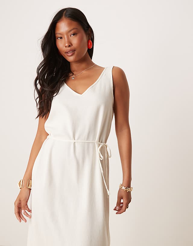 Asos JDY Petite Linen Mix Tie Maxi Dress In White