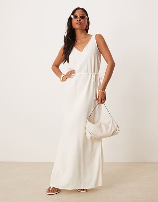 asos JDY Petite linen mix tie maxi dress in white