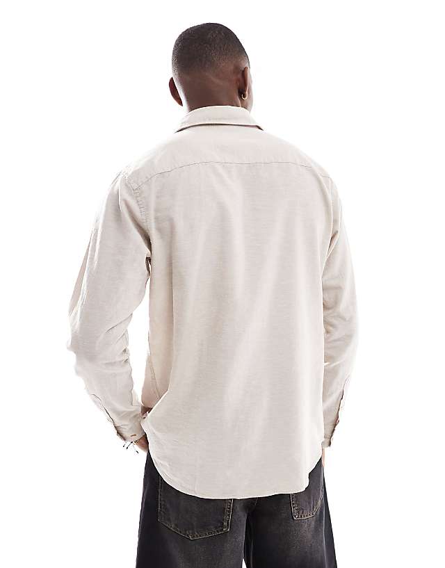 Asos JJ Rebel Long Sleeve Linen Blend Shirt Beige