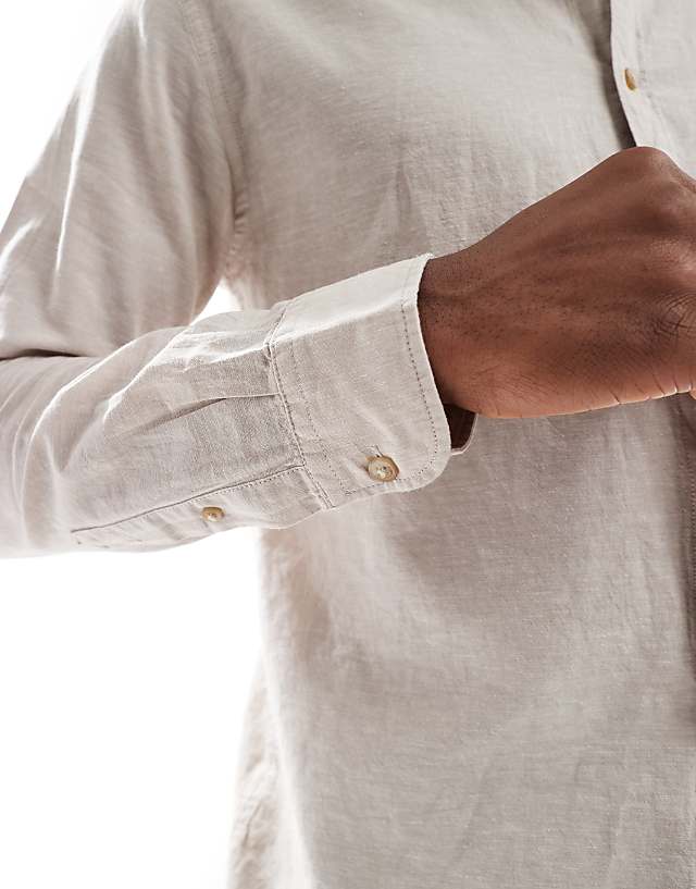 Asos JJ Rebel Long Sleeve Linen Blend Shirt Beige