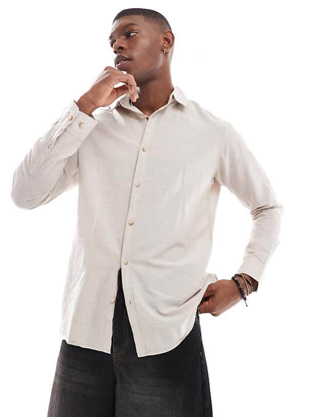 asos JJ Rebel long sleeve linen blend shirt beige