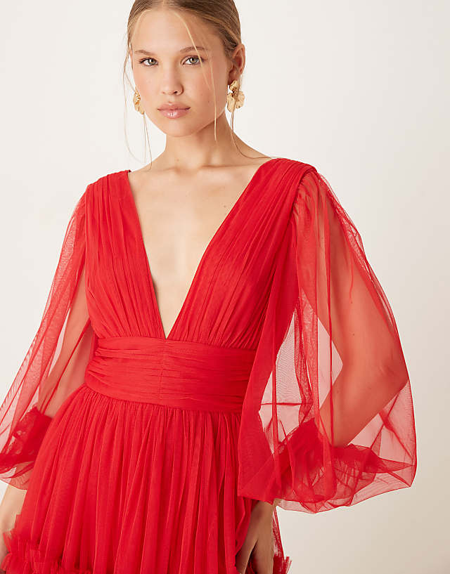Asos Lace & Beads Boho Ruffle Maxi Dress In Red
