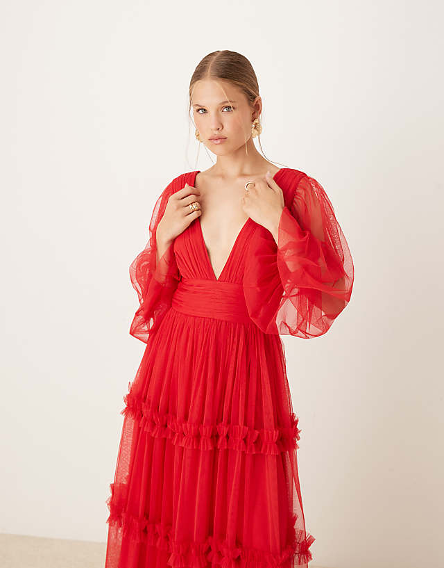 Asos Lace & Beads Boho Ruffle Maxi Dress In Red
