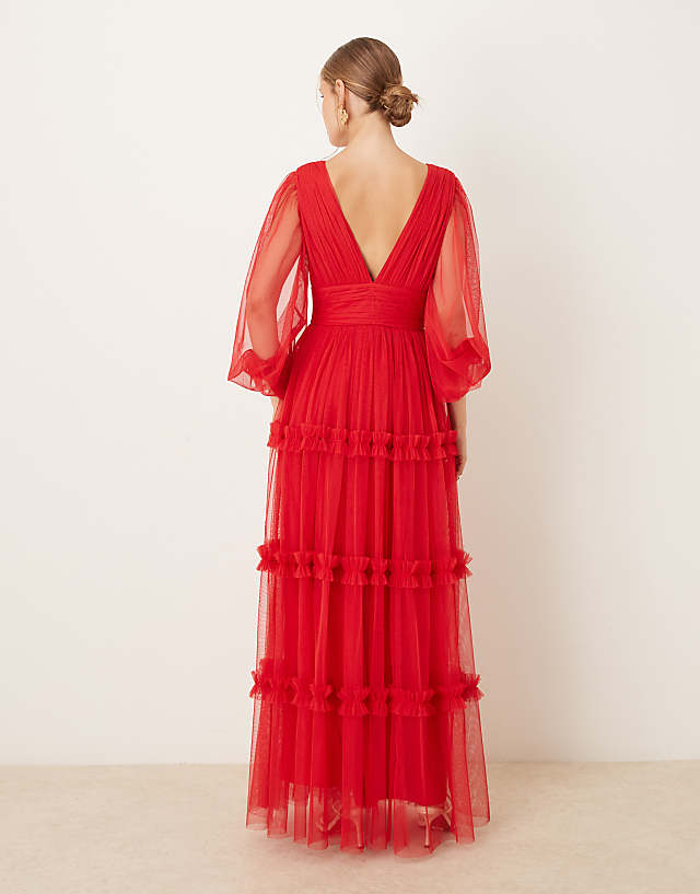Asos Lace & Beads Boho Ruffle Maxi Dress In Red