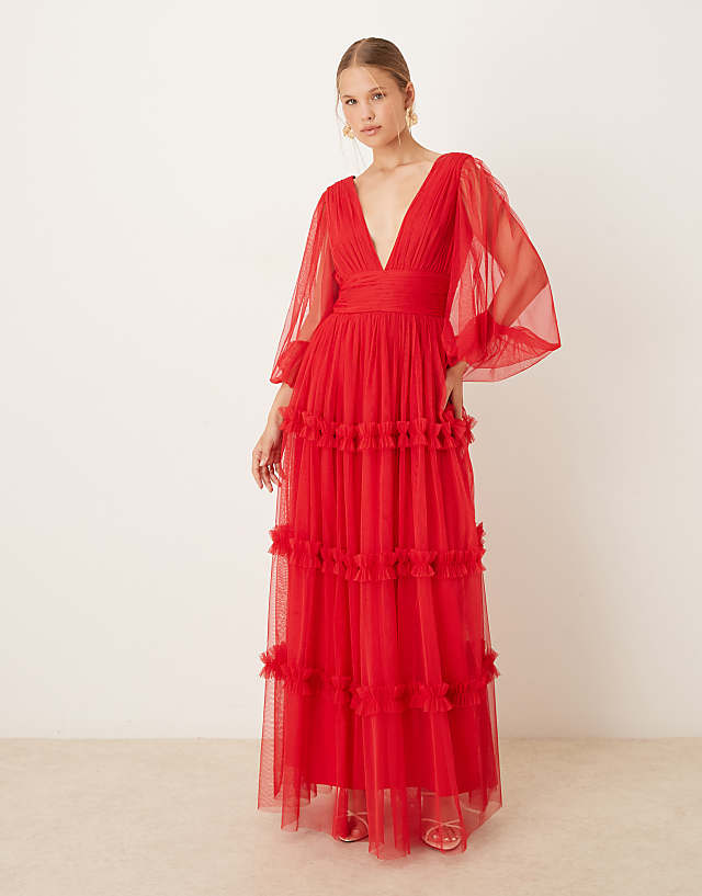asos Lace & Beads boho ruffle maxi dress in red