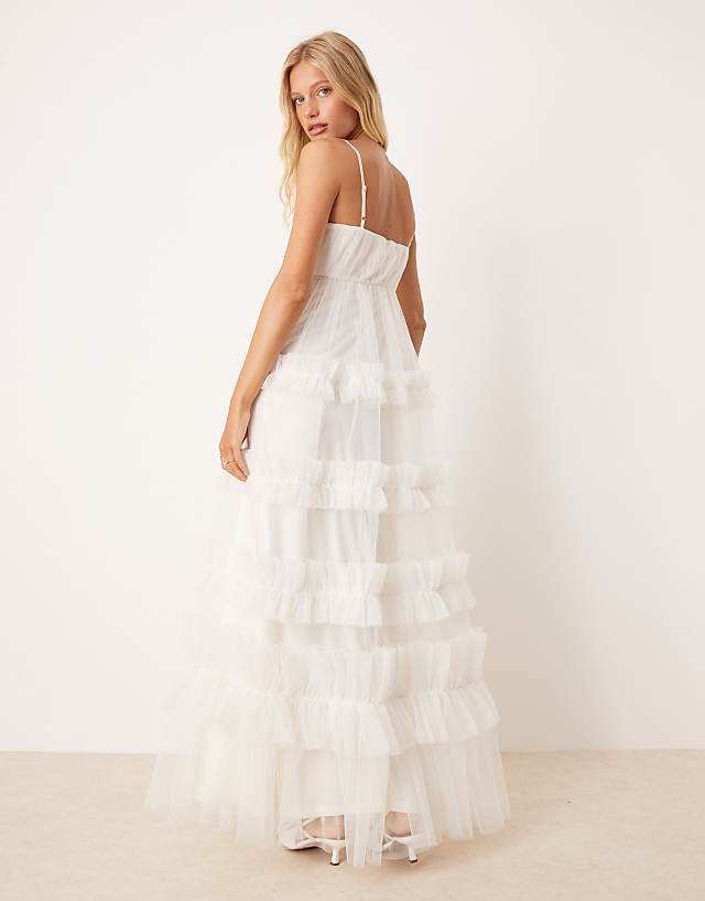 Asos Lace & Beads Empire Ruffle Maxi Dress In Ivory