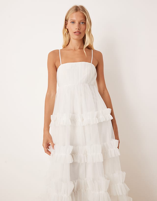 Asos Lace & Beads Empire Ruffle Maxi Dress In Ivory