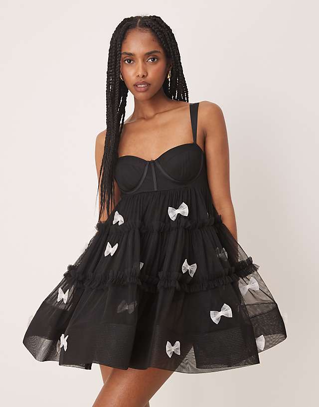 asos Lace & Beads tulle applique mini dress in black