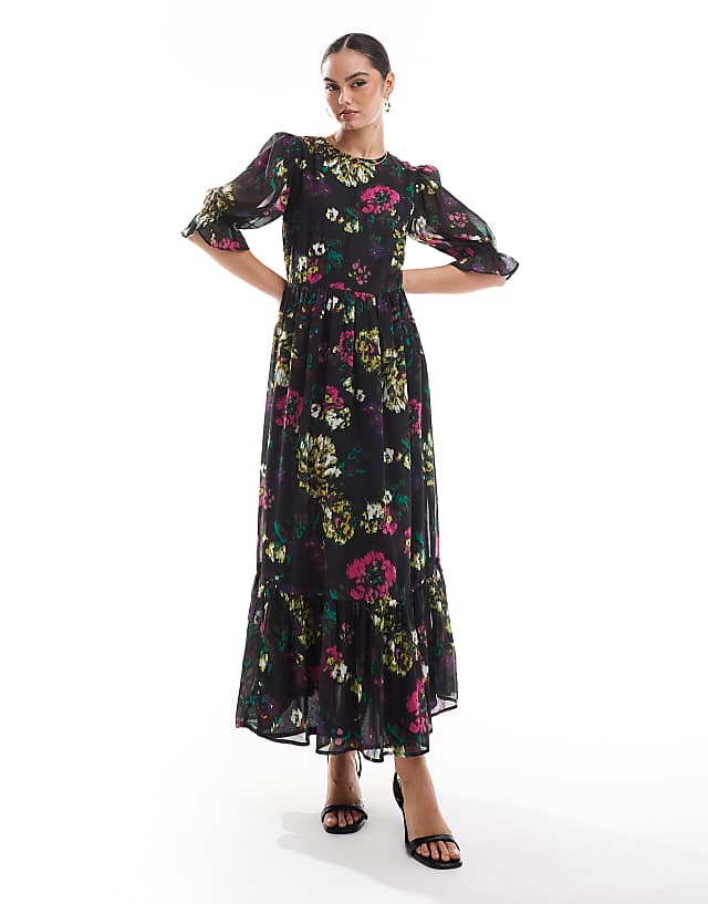 asos Lovedrobe Floral midaxi dress in black