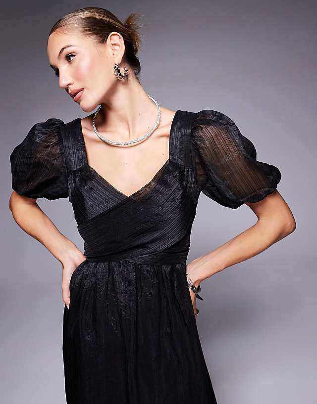 Asos Lulus Puff Sleeve Midi Tea Dress In Black
