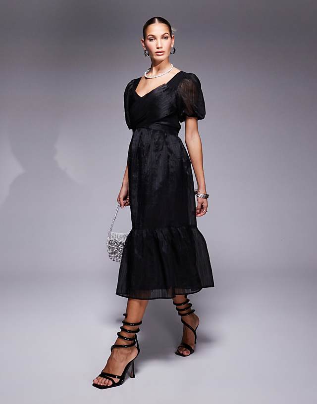 asos Lulus puff sleeve midi tea dress in black