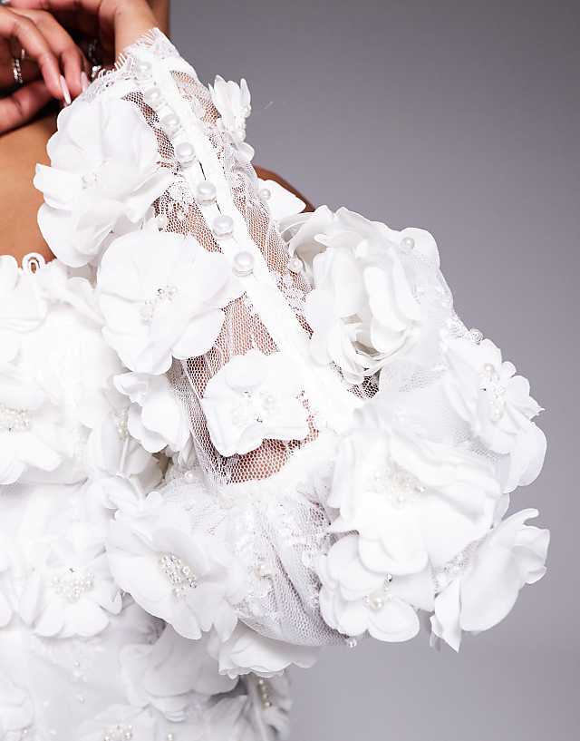 Asos ASOS LUXE 3D Floral Embellished Off Shoulder Puff Sleeve Mini Dress In White