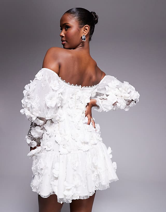 Asos ASOS LUXE 3D Floral Embellished Off Shoulder Puff Sleeve Mini Dress In White