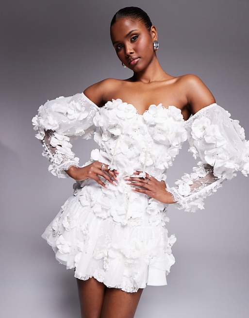 asos ASOS LUXE 3D floral embellished off shoulder puff sleeve mini dress in white