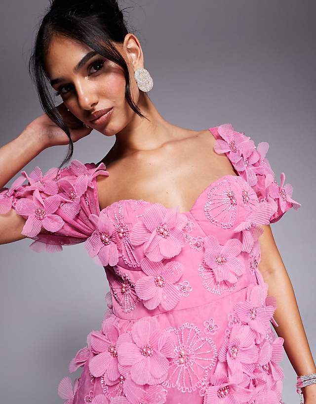 Asos ASOS LUXE 3D Floral Off Shoulder Embellished Mini Dress With Caged Skirt In Rose