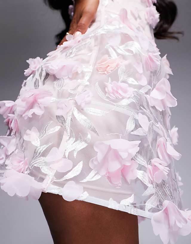 Asos ASOS LUXE 3D Floral Square Neck Caged Mini Dress In Pastel Pink