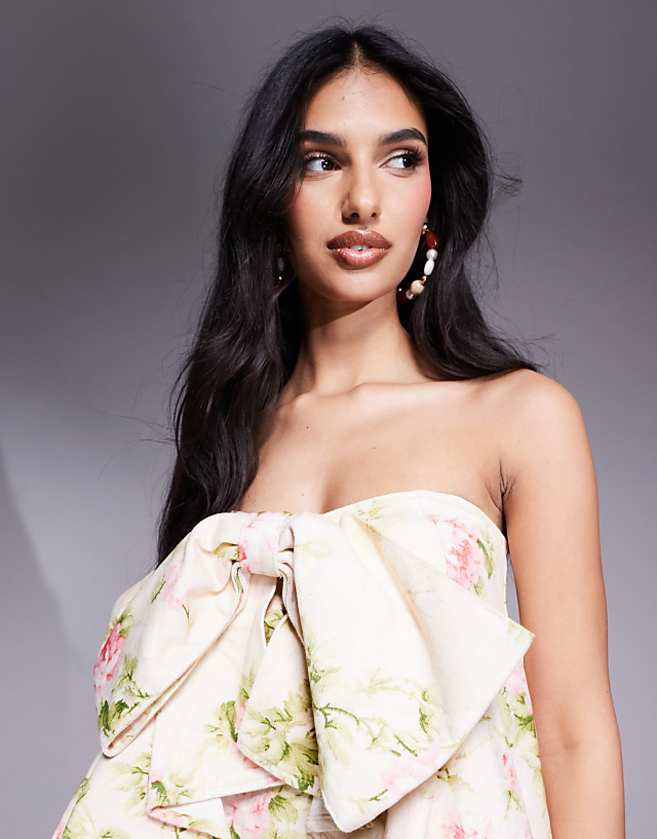 Asos ASOS LUXE Bow Waterfall Hem Denim Dress In Vintage Floral Print