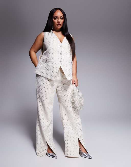 Asos ASOS LUXE Curve Embellished Boucle Waist Coat With Bow Back And Embellished Boucle Trouser Co-ord In Cream